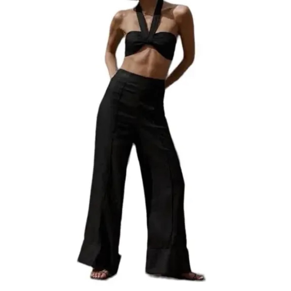 DISSH Black Linen High Waist Rise Flare Leg Pants size 2